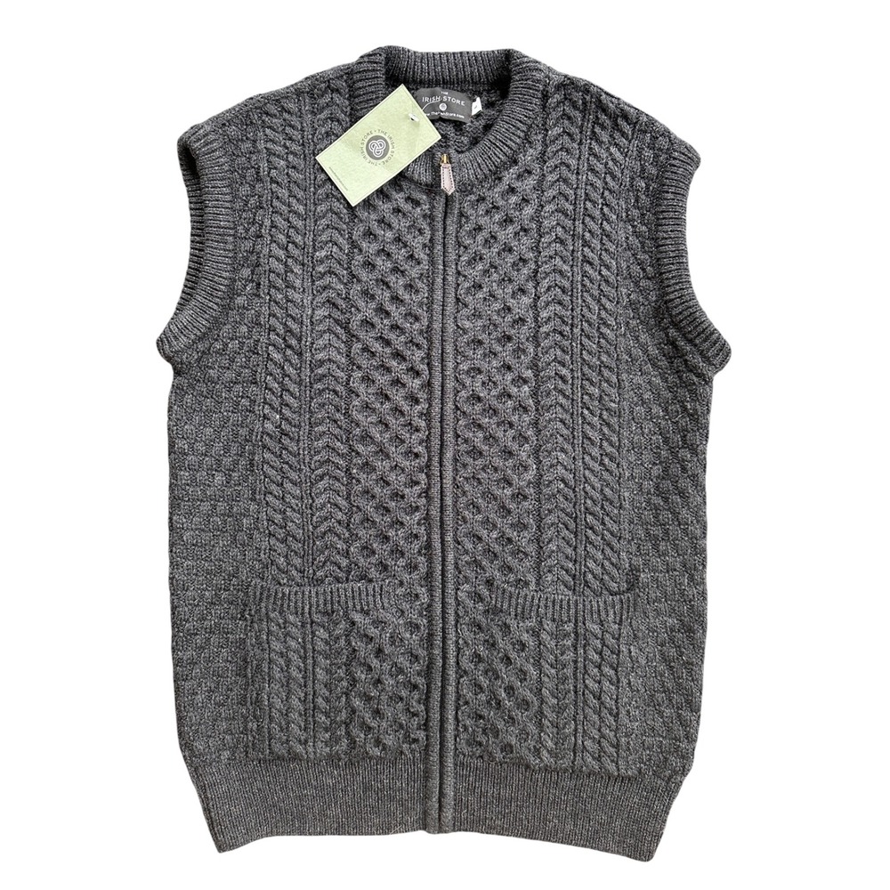 The Irish Store Aran Knit Vest Mens Large Gray New Merino Wool Zip Front Sweater